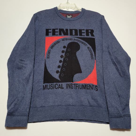 Fender Guitar Lucky Brand Logo Sweatshirt Medium Sweater Men's Blue Long Sleeve - Picture 2 of 10